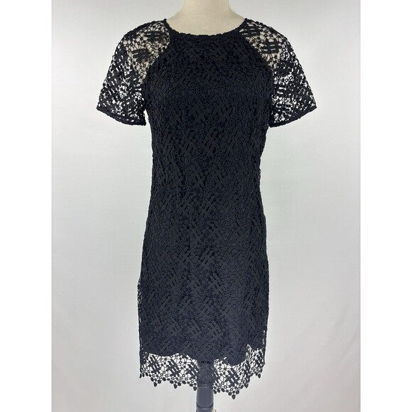 Anne Fontaine Cocktail Dress Black Lace 38 Short Sleeve Sheer Layered - Picture 1 of 11